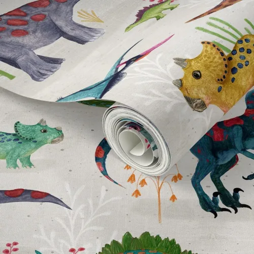 Vista 2 de Muestras de papel tapiz para despegar y pegar, dinosaurios, brillantes, grandes, verdes, para niños, rayas grises, dibujado a mano, dinosaurios
