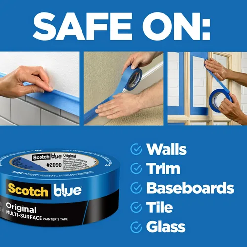 Vista 3 de 3M Scotch-blue 2090 Papel crepé multisuperficies, Pintores, Cinta de enmascarar, 27 libras Fuerza de tensión, 60 Yds, longitud x 3/4" ancho