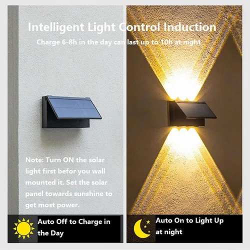 Vista 7 de ASLIDECOR Luz solar de pared hacia arriba, paquete de 2 6 luces LED iluminan al aire libre, lámpara con sensor de luz solar, IP65, impermeable