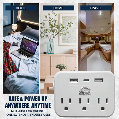 Vista 5 de Regleta de alimentación sin sobretensión (6 en 1) compatible con cruceros con 3 salidas de CA, 2 puertos USB y 1 USB-C, 2500W, carnaval, noruego