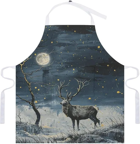 Vista 7 de MUSM Apron for Adults - 27.6 X 31.5 Inch, Heavy-Duty Polyester Aprons with Two Large Pockets, Waterproof Painting Under Moonlight Kitchen Apron for