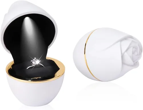 Vista 2 de iSuperb Caja de anillo en forma de rosa con LED para propuesta, compromiso, boda, aniversario, San Valentín, regalo de cumpleaños (blanco)