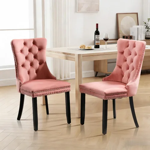 Vista 68 de Juego de 2 sillas de comedor de terciopelo con patas de madera, color beige Mid Century Modern Dining Chairs,Upholstered Chairs with Nailhead