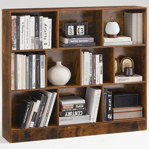 Vista 12 de LEYAOYAO Estantería moderna de 5 cubos de madera marrón de mediados de siglo, estante organizador de almacenamiento de 3 niveles, gabinete
