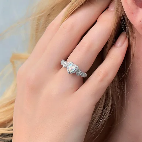 Vista 3 de Gem Stone King 925 Sterling Silver White Simulated Opal Ring For Women (1.18 Cttw, Heart Shape 6MM, Available in size 5, 6, 7, 8, 9)