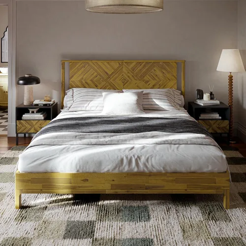 Vista 14 de Bme Ethan - Base de cama Queen con cabecera de diamante, moderna de mediados de siglo, madera de acacia maciza, no necesita somier, se adapta a