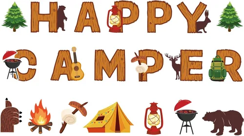Vista 2 de Cartel de fiesta de campamento Happy Camper Banner divertido para casa con tienda de campaña de fogata lámpara de aceite Aventura Camping Decoración