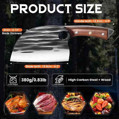 Vista 6 de ROCOCO Cuchillo de Chef Serbio Cuchillo Carnicero Cuchilla con Funda para Cocina Exterior BBQ Camping Regalo de Cumpleaños Padre Madre Navidad