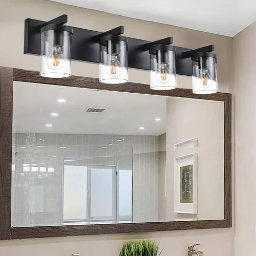 Vista 10 de BONLICHT Lámpara de pared de níquel cepillado de 2 luces con pantalla de cristal transparente, luces industriales de baño para interiores sobre