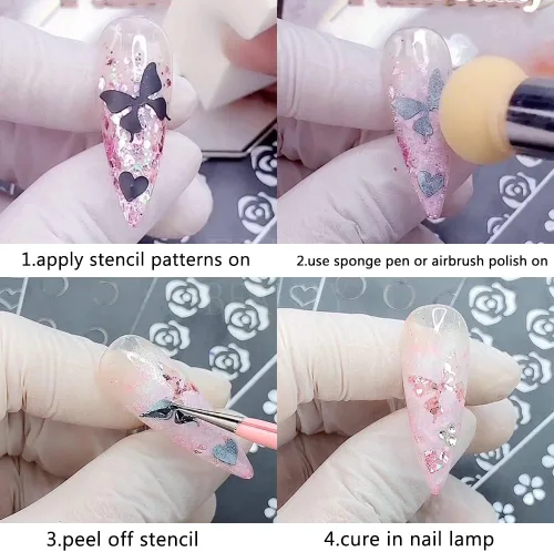 Vista 6 de 6 hojas de plantillas de aerógrafo, calcomanías de uñas para arte de uñas, autoadhesivas, estrellas, mariposa, punta francesa, corazón, calcomanías