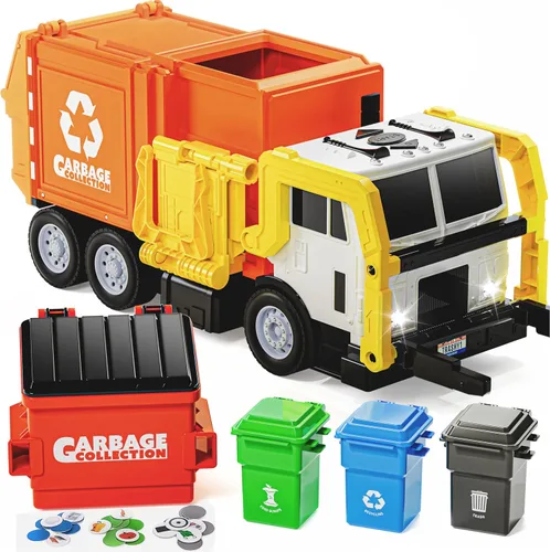 Vista 8 de JOYIN Juego de juguetes de camión de basura de fricción grande, incluye 1 contenedor, 3 cubos de basura y 30 tarjetas de aprendizaje para niños, Azul