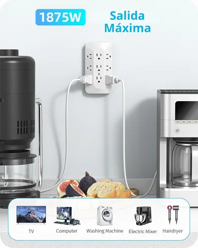 Vista 7 de Extensor de 9 salidas de CA, toma de pared de enchufe múltiple con USB C