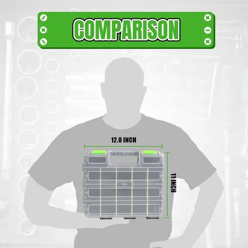 Vista 5 de Jack Boss Caja de herramientas con tapa transparente, caja organizadora de 34 compartimentos de doble cara con divisores extraíbles para herrajes