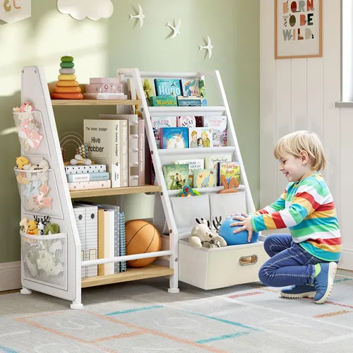 Vista 6 de Estantería infantil y organizador de almacenamiento de juguetes: estante para libros para habitación de niños con cajón para almacenar libros
