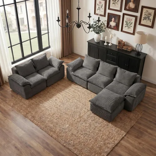 Vista 16 de Sofá en forma de L de 108 pulgadas para sala de estar, sofá convertible en forma de L sin hueso con otomana, sofá comprimido de 3 plazas, sofá