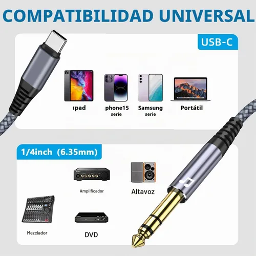 Vista 2 de Cable estéreo de audio USB C a TRS de 1/4 pulgadas, cable de audio auxiliar macho de 4 pies tipo C a 0.250 in, compatible con iPad Pro/iPhone16/15