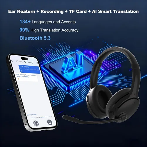 Vista 2 de Auriculares de traducción AI en tiempo real, auriculares Bluetooth inalámbricos, 144 idiomas para aprender sobre la oreja, Bluetooth 5.3, grabación