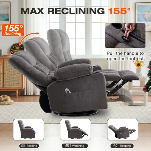 Vista 4 de Silla reclinable giratoria para adultos, reclinable de gran tamaño con masaje por vibración y calor lumbar, mecedora ergonómica con bolsillo