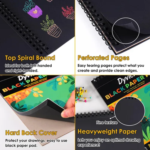 Vista 4 de Dyvicl Cuaderno de bocetos profesional de papel negro de 5.5 x 8.5 pulgadas, 35 hojas de papel de dibujo pesado de 150 GSM para bolígrafos de gel