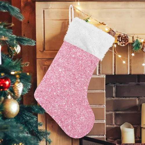 Vista 5 de Qilmy Medias de Navidad rosas personalizadas, medias de Navidad grandes de 18 pulgadas para vacaciones, decoración de fiestas familiares, regalos