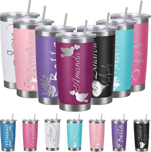Vista 11 de Vasos personalizados con tapa y pajita, vaso aislado personalizado grabado con nombre, vaso de café de acero inoxidable, regalos para hombres y Negro