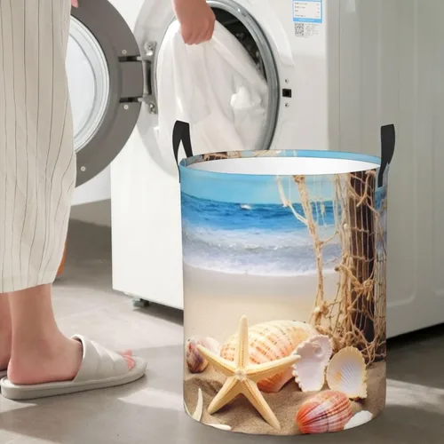 Vista 7 de Cesta circular impermeable con estampado de estrellas de mar y conchas marinas, cesta organizadora de ropa sucia con asas para ropa, juguetes