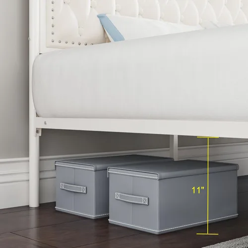 Vista 9 de Keyluv - Marco de cama con dosel tapizado tamaño King con 3 cajones y cabecera tapizada con botones, cama de plataforma metálica con 4 postes Beige