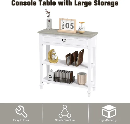 Vista 7 de kinbor Accent - Mesa consola blanca con cajón y estante, mesa de sofá de madera con almacenamiento para entrada, pasillo, sala de estar