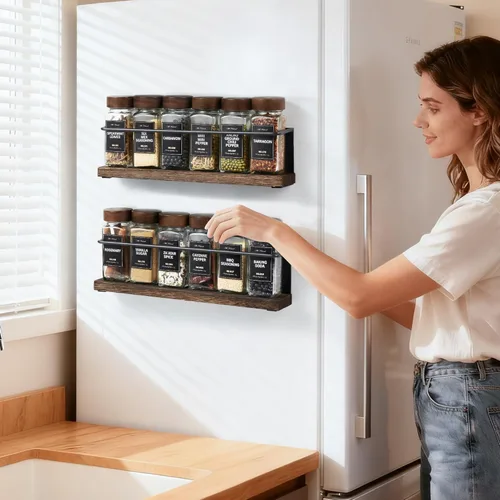 Vista 5 de Paquete de 2 Organizador de Especiero Magnético Fuerte para Refrigerador y Horno de Microondas, Estante de Metal para Refrigerador, Ahorrador