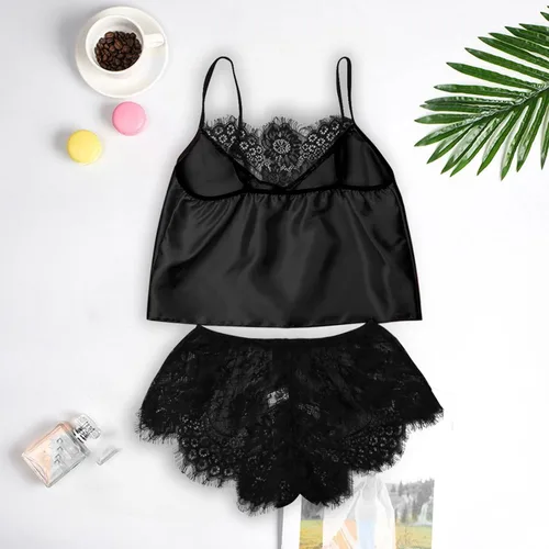 Vista 5 de Nskgu Conjunto de pijama de satén para mujer, lencería sexy, ropa de noche, 2 piezas con ribete de encaje, camisola y pantalones cortos, conjuntos