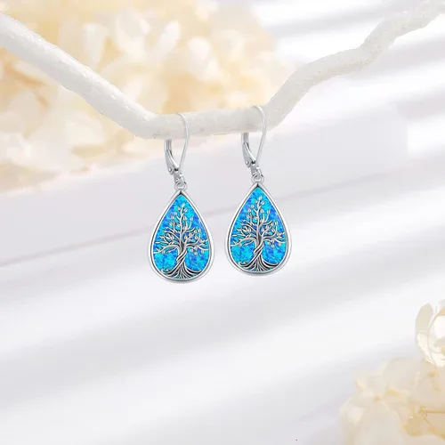 Vista 286 de Aretes colgantes de plata de ley con diseño de árbol de la vida, flor, abeja, animales, gato, colibrí, piedra lunar, turquesa, aretes con cierre