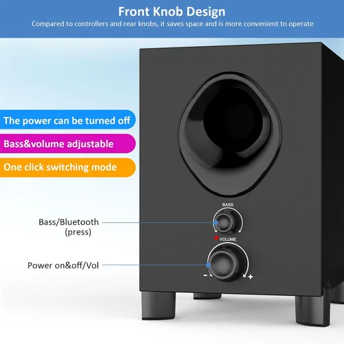 Vista 2 de Altavoces Bluetooth para computadora OROW, altavoz de PC con subwoofer, altavoces inalámbricos de 18W con perilla frontal, compatibles con AUX