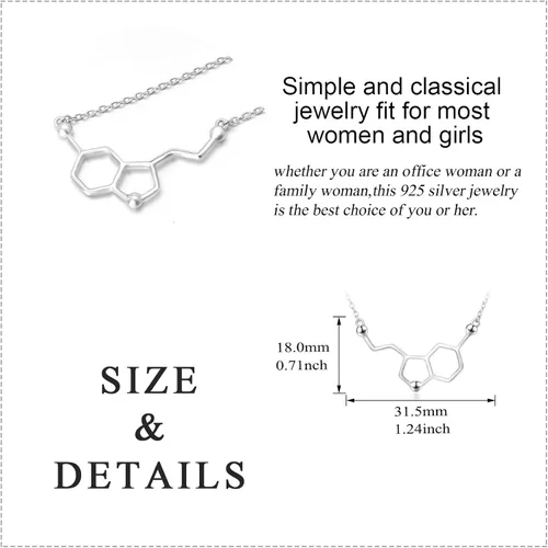 Vista 6 de LUHE Collar de molécula de serotonina de plata esterlina, pulsera, collar de molécula de cafeína para mujer