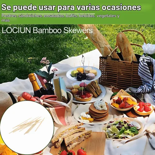 Vista 6 de Palillos de dientes y brochetas de bambú natural de 4 pulgadas, 750 unidades Púas de madera extralargas para aperitivos, tablas de embutidos