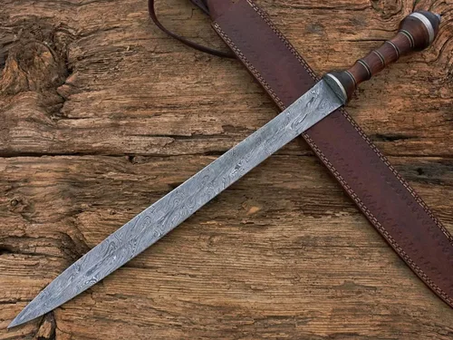 Vista 3 de Espada de gladiador de acero de Damasco/Espada de Gladius romana hecha a mano con funda de cuero.