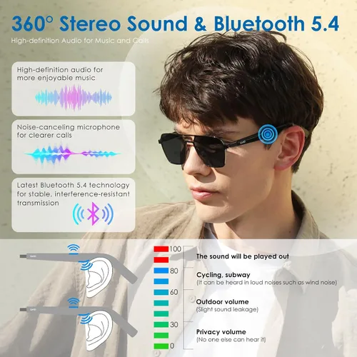 Vista 2 de GetD AI Smart Glasses Aviator, traducción en tiempo real, gafas Bluetooth AI Sunglasses for Women Men, Polarized Lens, Bluetooth Open Earbuds, 11H