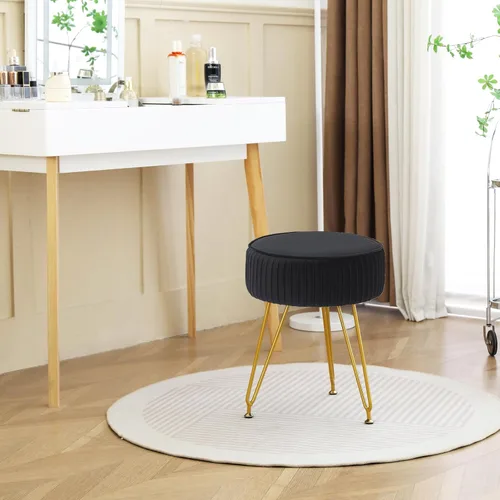 Vista 6 de Taburete de tocador de terciopelo, silla redonda de maquillaje con patas de metal ajustables y asiento acolchado suave, taburete otomano