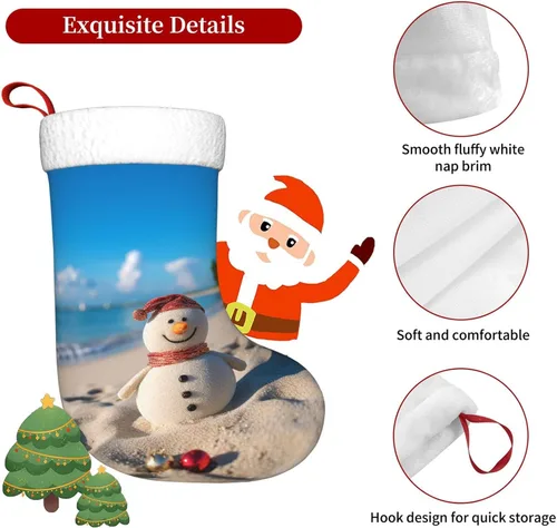 Vista 7 de Muñeco de nieve de arena en la playa, medias de Navidad de felpa personalizadas, decoraciones de medias colgantes de Navidad para vacaciones, fiesta