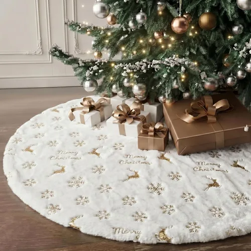 Vista 8 de Faldones de Felpa para Árbol de Navidad, 24 pulgadas, Lujosa Cubierta de Base de Árbol de Navidad de Piel Sintética Negra con Copos de Nieve Dorados