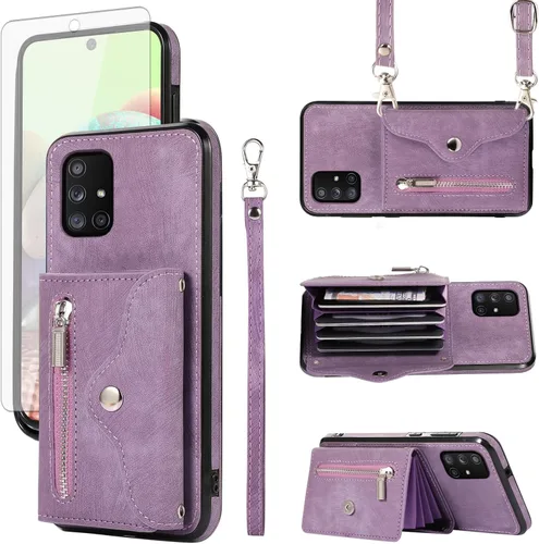 Vista 12 de Funda para teléfono Samsung Galaxy A71 5G con protector de pantalla de vidrio templado y correa cruzada para la muñeca, cordón para tarjeta de Negro
