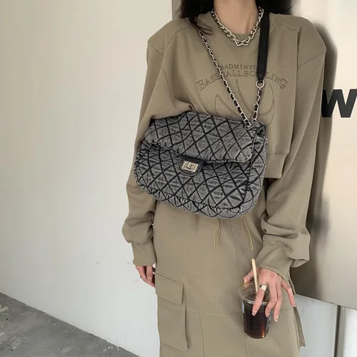 Vista 3 de Bolso casual de un hombro de moda retro de mezclilla a cuadros de diamante gris para mujer