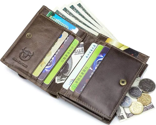 Vista 4 de BULLCAPTAIN Billetera con bloqueo RFID para hombre, de cuero, estilo vintage, plegable, con cremallera, Marrón, Cartera Rfid