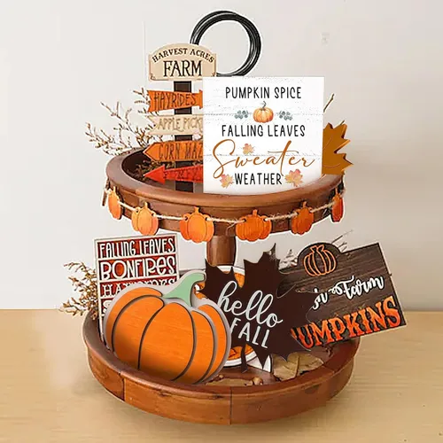 Vista 3 de Mtrgdn Decoraciones de otoño para el hogar, diseño rústico de calabaza con hojas que caen y hojas que caen, letrero de caja de madera, decoración