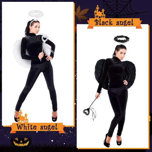 Vista 7 de Juexica 6 piezas de alas de ángel y diadema con varita para niños y adultos alas de plumas unisex disfraces de Halloween disfraces juego de hadas