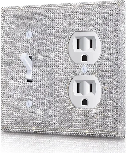 Vista 39 de Placa decorativa de interruptor de luz con diamantes de imitación brillantes en rosa y plata, cubierta de placa de pared con diamantes de imitación