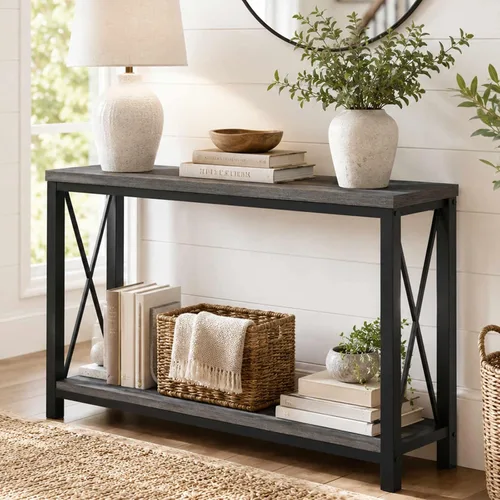 Vista 11 de BON AUGURE - Mesa de consola rústica detrás del sofá, mesa industrial de entrada con estantes, mesas de sofá de 3 niveles estilo granja para sala