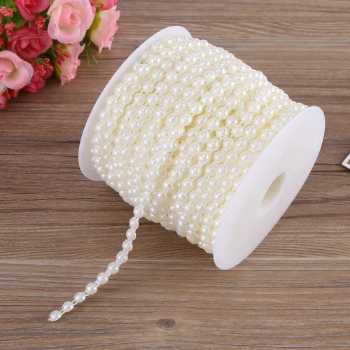 Vista 2 de 25M/rollo elegante doble línea de algodón imitación perlas perlas cadena guirnalda para boda fiesta de Navidad (beige)