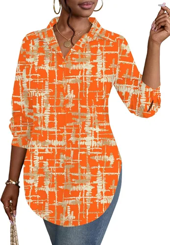Vista 9 de Rooscier Blusa larga con cuello en V para mujer, manga larga, abertura lateral, con botones