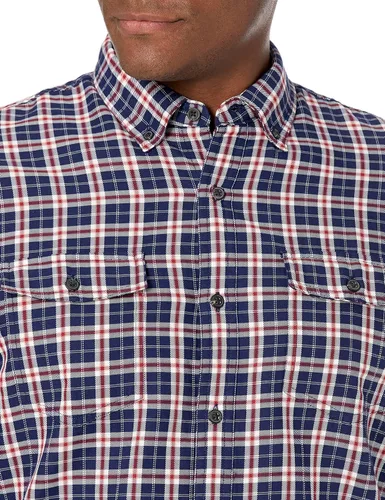 Vista 3 de Tienda Essentials Camisa de sarga de dos bolsillos a cuadros de manga larga ajustada para hombre