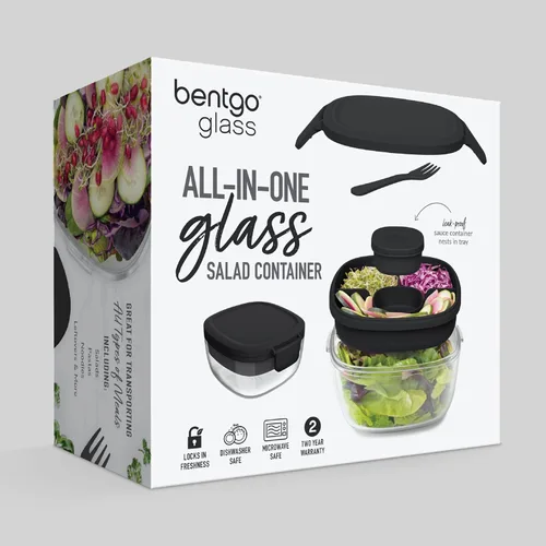 Vista 7 de Bentgo Recipiente de Ensalada de Vidrio Todo en Uno - Ensaladera Grande de 61 oz con Tapa, Bandeja Estilo Bento de 4 Compartimentos, Recipiente